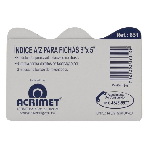 Índice A/Z 3x5 Para Fichário De Mesa  Acrimet - Acrimet - 3X5