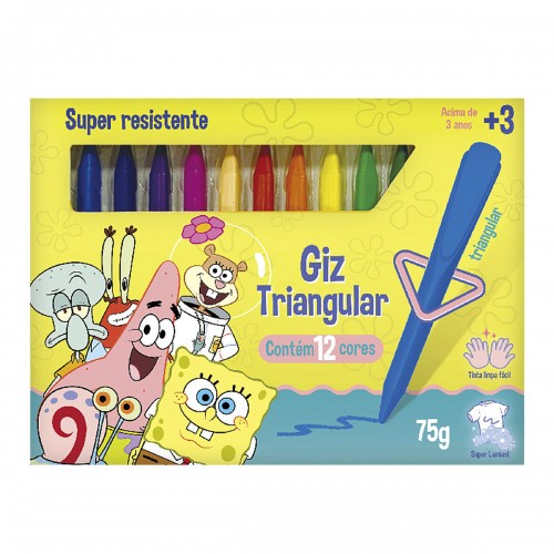 Giz Cera Triangular Bob Esponja Escolar Com 12 Cores Dac