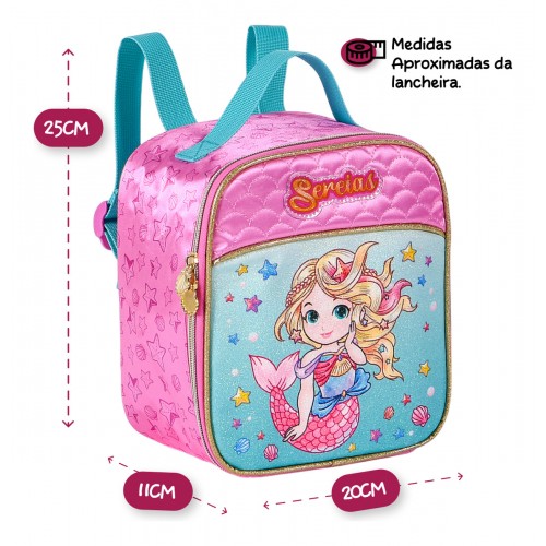 Kit Mochila Escolar Sereia Infantil Rodinha Lancheira Estojo