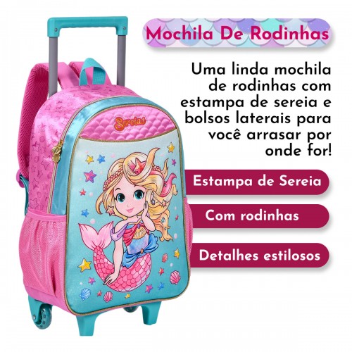 Kit Mochila Escolar Sereia Infantil Rodinha Lancheira Estojo