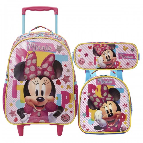 Kit Mochila infantil Minnie X1 Rosa Lancheira Estojo Xeryus