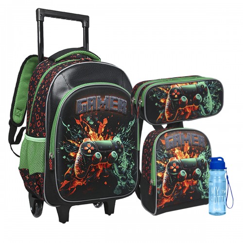 Kit Mochila Infantil Rodinha Gamer lancheira Estojo Garrafa