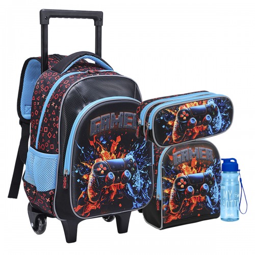 Kit Mochila Infantil Rodinha Gamer lancheira Estojo Garrafa