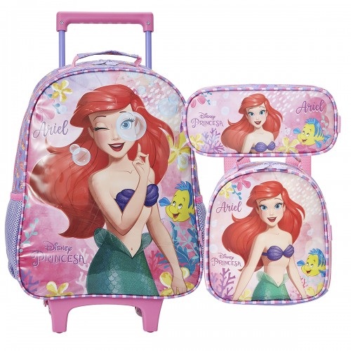 Kit Mochila infantil Sereia Ariel Lancheira Estojo Xeryus