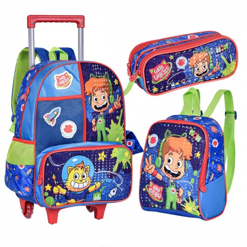 Kit Mochila Rodinha Gato Galactico Lanchera Estojo Infantil