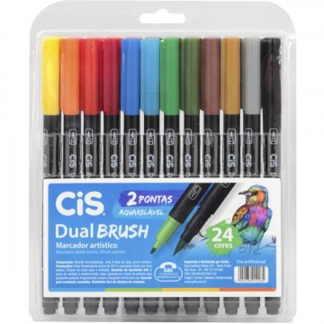 Caneta Brush Pen 24 Cores Duas Pontas Aquarelável Cis Pen