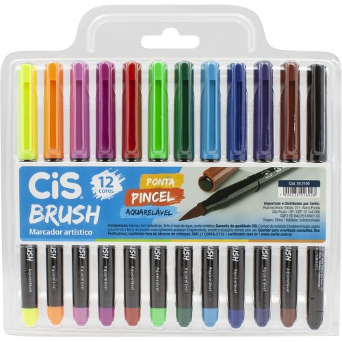 Caneta Brush Marcador Artístico 12 cores Ponta Pincel Aquarelável Cis - CIS - Brush