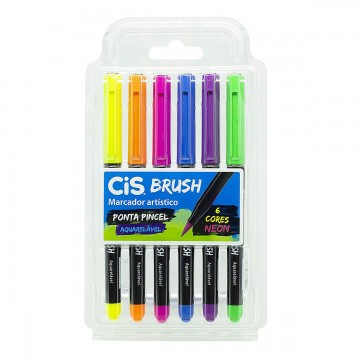 Caneta Brush Pen 6 Cores Neon Aquarelável Cis