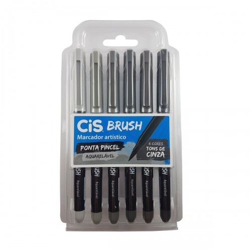 Caneta Brush Pen 6 Cores Tons de Cinza Aquarelável Cis - CIS - Tons de Cinza
