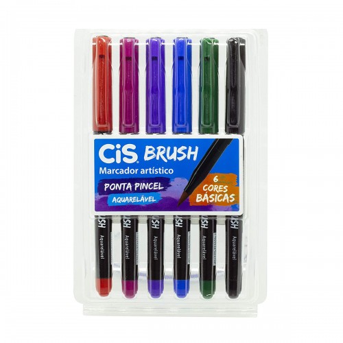 Caneta Brush Pen Pincel 6 Cores Básicas Aquarelável Cis - CIS - Brush