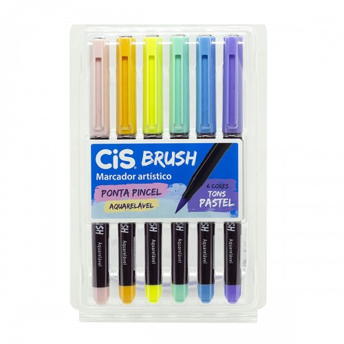 Caneta Brush Pen Pincel 6 Cores Pastel Aquarelável Cis - CIS - Pastel