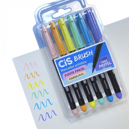 Caneta Brush Pen Pincel 6 Cores Pastel Aquarelável Cis - CIS - Pastel