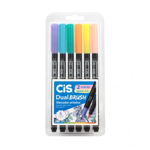 Caneta Brush Pincel Dual Aquarelável Cis Pen 6 cores Pastel - CIS - Brush Pincel Dual  6 cores Pastel