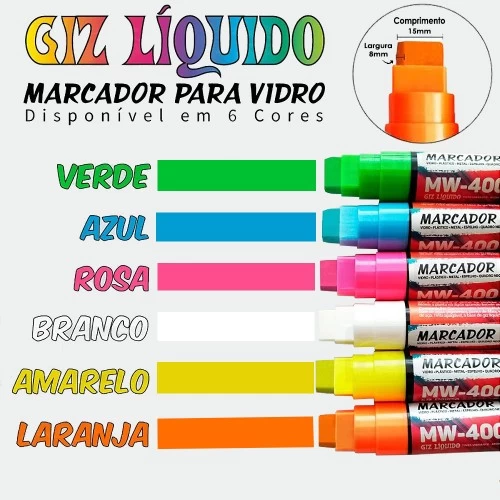Giz Liquido Marcador Vidro Plástico Quadro Metal 6 Unidades