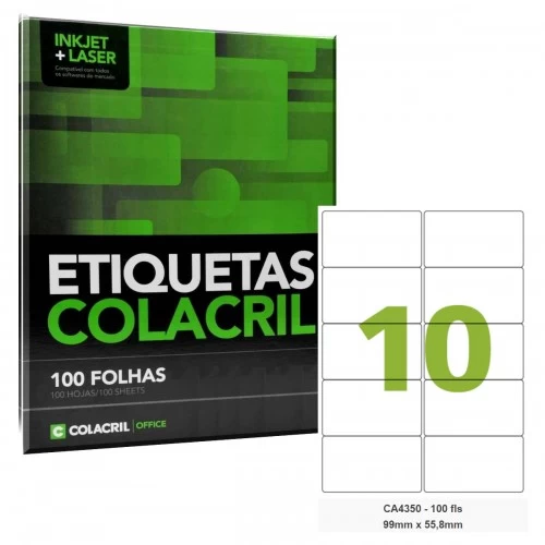 Etiqueta Adesiva A4 CA4350 99 x 55,8 mm 100 Folhas Colacril - ColaCril - CA4350