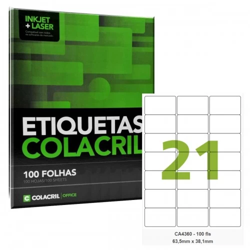 Etiqueta Adesiva A4 CA4360 63,5x38,1mm Colacril 100 Folhas - ColaCril - CA4360