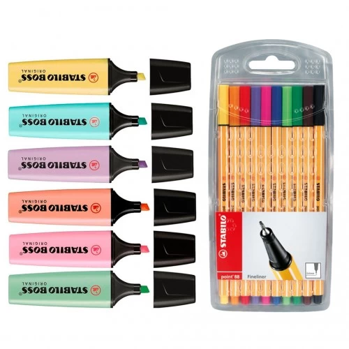Kit Marca Texto Stabilo 10 Canetas Comun 6 Boss Cores Tons Pastel - Stabilo - Kit Point 88 + Boss